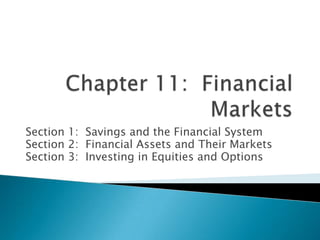 Chapter 11:  Financial Markets Section 1:  Savings and the Financial System Section 2:  Financial Assets and Their Markets Section 3:  Investing in Equities and Options 