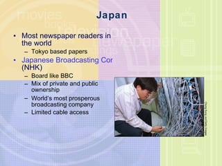 Japan Most newspaper readers in the world Tokyo based papers Japanese Broadcasting Corporation  (NHK) Board like BBC Mix of private and public ownership World ’ s most prosperous broadcasting company Limited cable access Chung Sung Jun/Getty Images 