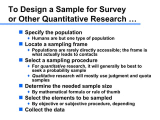 To Design a Sample for Survey  or Other Quantitative Research … ,[object Object],[object Object],[object Object],[object Object],[object Object],[object Object],[object Object],[object Object],[object Object],[object Object],[object Object],[object Object]