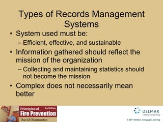 Types of Records Management Systems System used   must be: Efficient, effective, and sustainable Information gathered should reflect the mission of the organization Collecting and maintaining statistics should not become the mission Complex does not necessarily mean better 