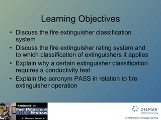 Learning Objectives Discuss the fire extinguisher classification system Discuss the fire extinguisher rating system and to which classification of extinguishers it applies Explain why a certain extinguisher classification requires a conductivity test Explain the acronym PASS in relation to fire extinguisher operation 