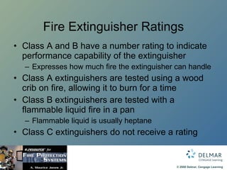 Fire Extinguisher Ratings Class A and B have a number rating to indicate performance capability of the extinguisher Expresses how much fire the extinguisher can handle Class A extinguishers are tested using a wood crib on fire, allowing it to burn for a time Class B extinguishers are tested with a flammable liquid fire in a pan Flammable liquid is usually heptane Class C extinguishers do not receive a rating 