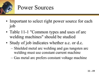 Power Sources Important to select right power source for each job Table 11-1 "Common types and uses of arc welding machines" should be studied Study of job indicates whether a.c. or d.c. Shielded metal arc welding and gas tungsten arc welding must use constant current machine Gas metal arc prefers constant voltage machine 