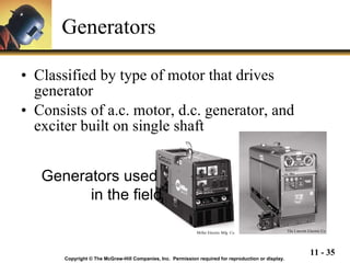 Generators Classified by type of motor that drives generator Consists of a.c. motor, d.c. generator, and exciter built on single shaft Copyright © The McGraw-Hill Companies, Inc.  Permission required for reproduction or display. Generators used  in the field Miller Electric Mfg. Co. The Lincoln Electric Co. 