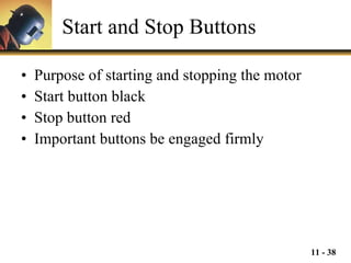 Start and Stop Buttons Purpose of starting and stopping the motor Start button black Stop button red Important buttons be engaged firmly 