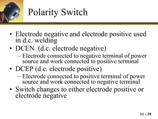 Polarity Switch Electrode negative and electrode positive used in d.c. welding DCEN  (d.c. electrode negative) Electrode connected to negative terminal of power source and work connected to positive terminal DCEP (d.c. electrode positive) Electrode connected to positive terminal of power source and work connected to negative terminal Switch changes to either electrode positive or electrode negative 