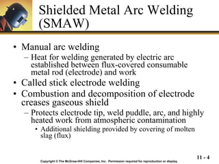 Shielded Metal Arc Welding (SMAW) Manual arc welding Heat for welding generated by electric arc established between flux-covered consumable metal rod (electrode) and work Called stick electrode welding Combustion and decomposition of electrode creases gaseous shield Protects electrode tip, weld puddle, arc, and highly heated work from atmospheric contamination Additional shielding provided by covering of molten slag (flux) Copyright © The McGraw-Hill Companies, Inc.  Permission required for reproduction or display. 