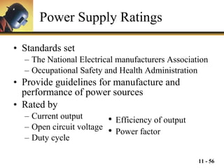 Power Supply Ratings Standards set  The National Electrical manufacturers Association Occupational Safety and Health Administration Provide guidelines for manufacture and performance of power sources Rated by Current output Open circuit voltage Duty cycle Efficiency of output  Power factor 