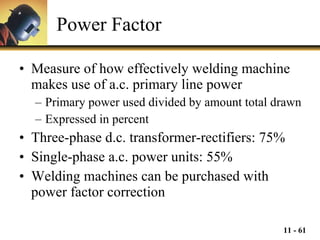 Power Factor Measure of how effectively welding machine makes use of a.c. primary line power Primary power used divided by amount total drawn Expressed in percent Three-phase d.c. transformer-rectifiers: 75% Single-phase a.c. power units: 55% Welding machines can be purchased with power factor correction 