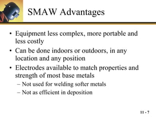 SMAW Advantages Equipment less complex, more portable and less costly Can be done indoors or outdoors, in any location and any position Electrodes available to match properties and strength of most base metals Not used for welding softer metals Not as efficient in deposition 