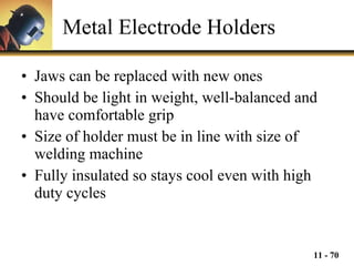 Metal Electrode Holders Jaws can be replaced with new ones Should be light in weight, well-balanced and have comfortable grip Size of holder must be in line with size of welding machine Fully insulated so stays cool even with high duty cycles 