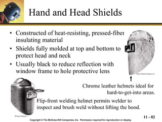 Hand and Head Shields Constructed of heat-resisting, pressed-fiber  insulating material Shields fully molded at top and bottom to  protect head and neck  Usually black to reduce reflection with  window frame to hole protective lens Copyright © The McGraw-Hill Companies, Inc.  Permission required for reproduction or display. Fibre-Metal Products Co. Wilson Products Flip-front welding helmet permits welder to  inspect and brush weld without lifting the hood. Chrome leather helmets ideal for  hard-to-get-into areas. 