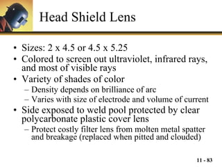 Head Shield Lens Sizes: 2 x 4.5 or 4.5 x 5.25 Colored to screen out ultraviolet, infrared rays, and most of visible rays Variety of shades of color Density depends on brilliance of arc Varies with size of electrode and volume of current Side exposed to weld pool protected by clear polycarbonate plastic cover lens Protect costly filter lens from molten metal spatter and breakage (replaced when pitted and clouded) 