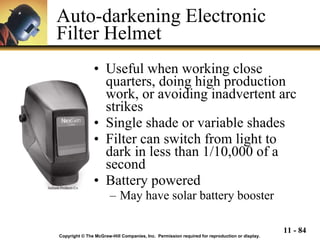 Auto-darkening Electronic Filter Helmet Useful when working close quarters, doing high production work, or avoiding inadvertent arc strikes Single shade or variable shades Filter can switch from light to dark in less than 1/10,000 of a second Battery powered May have solar battery booster Copyright © The McGraw-Hill Companies, Inc.  Permission required for reproduction or display. . Jackson Products Co. 