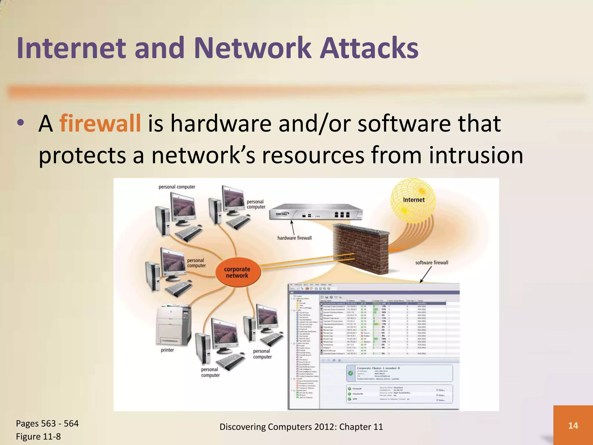 Internet and Network Attacks

• A firewall is hardware and/or software that
  protects a network’s resources from intrusion




Pages 563 - 564   Discovering Computers 2012: Chapter 11   14
Figure 11-8
 