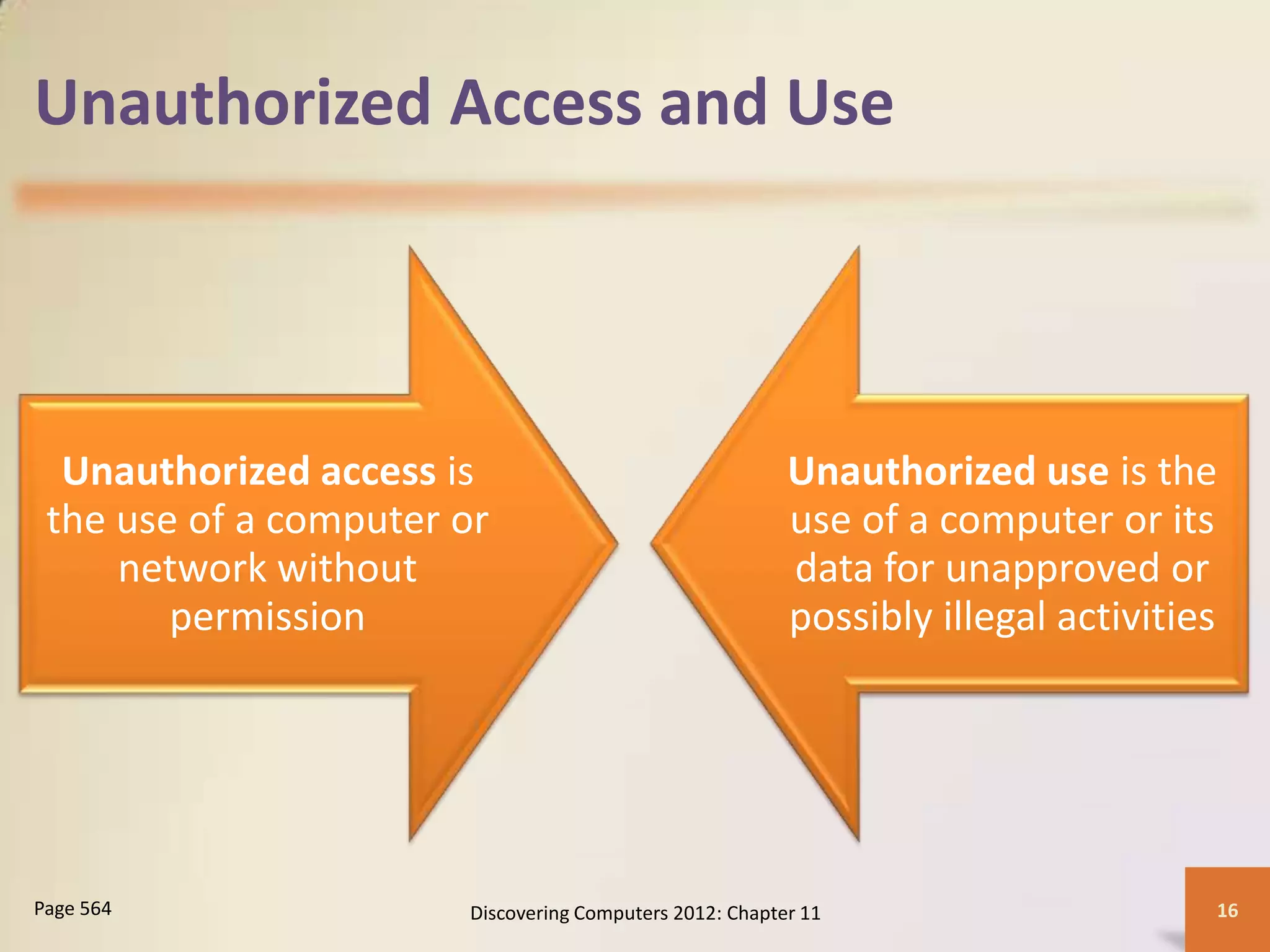 Unauthorized Access and Use




  Unauthorized access is                                 Unauthorized use is the
 the use of a computer or                                use of a computer or its
     network without                                     data for unapproved or
        permission                                       possibly illegal activities




Page 564               Discovering Computers 2012: Chapter 11                      16
 