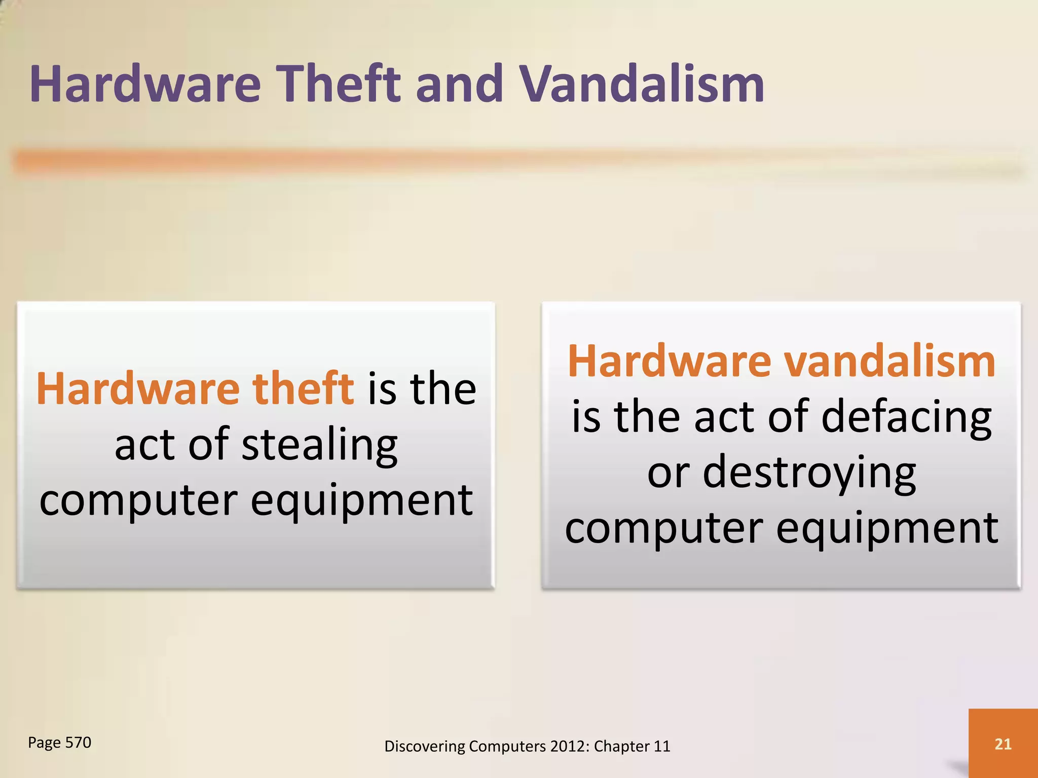 Hardware Theft and Vandalism



                                       Hardware vandalism
Hardware theft is the
                                       is the act of defacing
   act of stealing
                                            or destroying
computer equipment
                                       computer equipment



Page 570        Discovering Computers 2012: Chapter 11      21
 