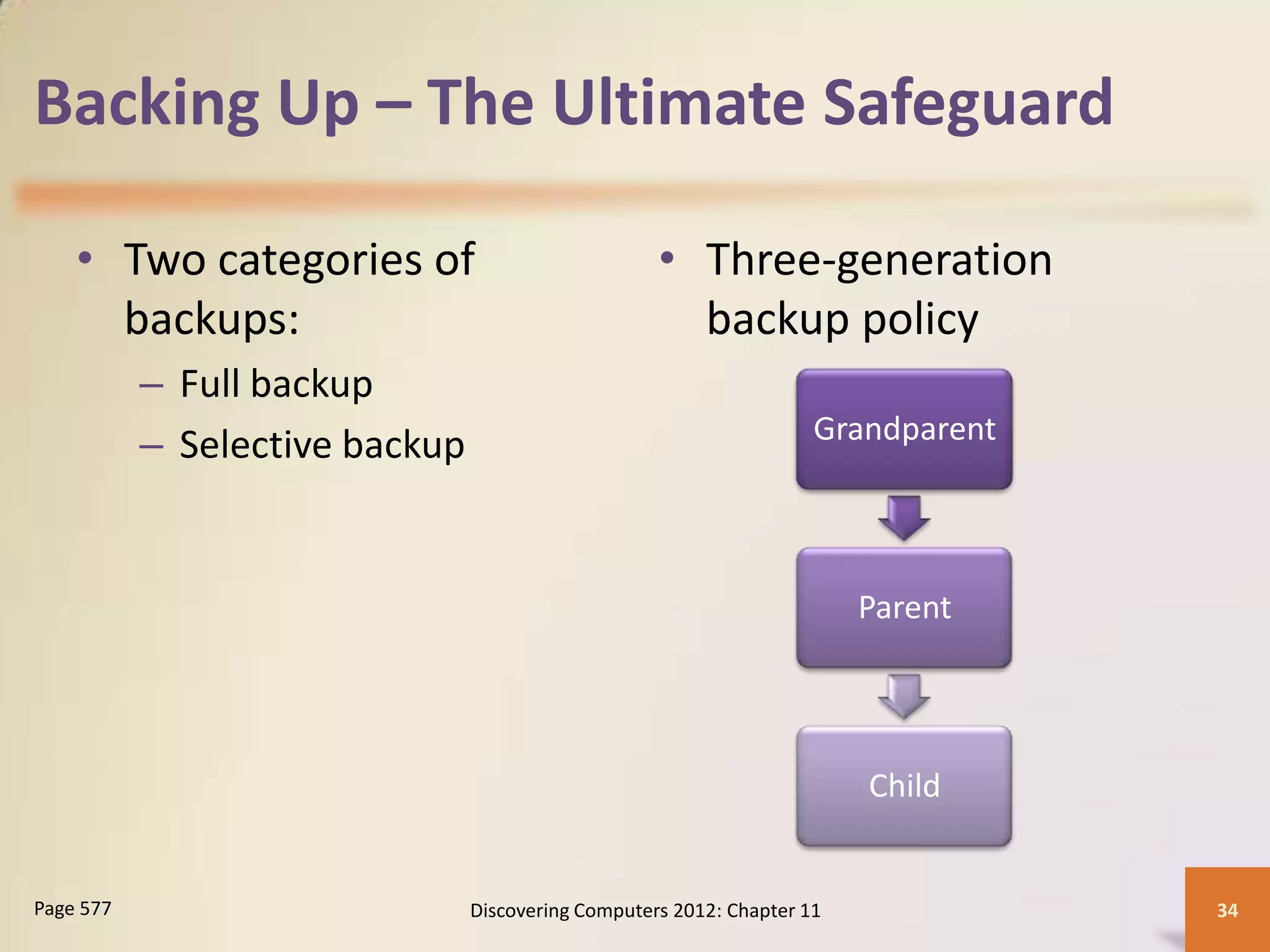 Backing Up – The Ultimate Safeguard

    • Two categories of                             • Three-generation
      backups:                                        backup policy
           – Full backup
                                                                     Grandparent
           – Selective backup


                                                                         Parent




                                                                         Child


Page 577                        Discovering Computers 2012: Chapter 11             34
 
