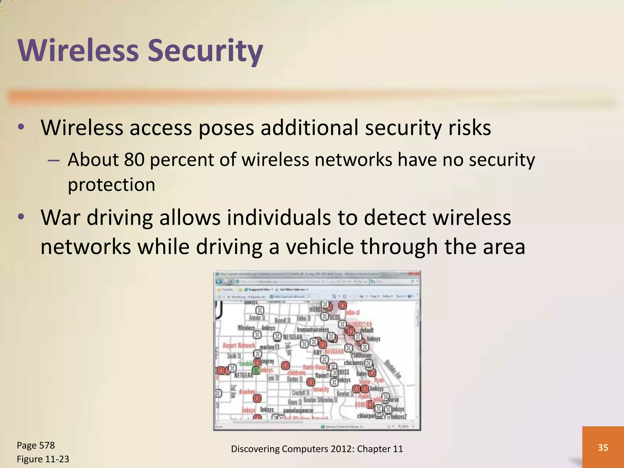 Wireless Security

• Wireless access poses additional security risks
       – About 80 percent of wireless networks have no security
         protection
• War driving allows individuals to detect wireless
  networks while driving a vehicle through the area




Page 578                    Discovering Computers 2012: Chapter 11   35
Figure 11-23
 