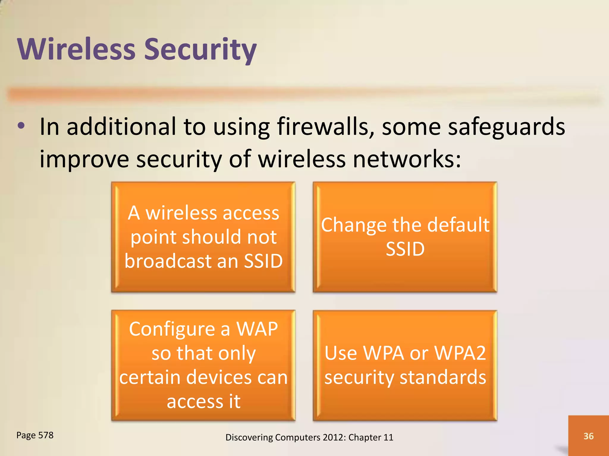 Wireless Security

• In additional to using firewalls, some safeguards
  improve security of wireless networks:
           A wireless access
                                           Change the default
            point should not
                                                 SSID
           broadcast an SSID


            Configure a WAP
               so that only                 Use WPA or WPA2
           certain devices can              security standards
                 access it
Page 578              Discovering Computers 2012: Chapter 11     36
 