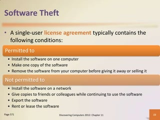 Software Theft

• A single-user license agreement typically contains the
  following conditions:
Permitted to
  • Install the software on one computer
  • Make one copy of the software
  • Remove the software from your computer before giving it away or selling it

Not permitted to
  •   Install the software on a network
  •   Give copies to friends or colleagues while continuing to use the software
  •   Export the software
  •   Rent or lease the software
Page 571                        Discovering Computers 2012: Chapter 11            23
 