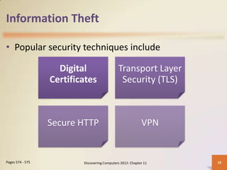 Information Theft

• Popular security techniques include

                    Digital                   Transport Layer
                  Certificates                 Security (TLS)



                  Secure HTTP                               VPN


Pages 574 - 575           Discovering Computers 2012: Chapter 11   28
 