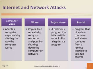 Internet and Network Attacks

    Computer
                      Worm                       Trojan Horse        Rootkit
      Virus
• Affects a       • Copies itself             • A malicious       • Program that
  computer          repeatedly,                 program that        hides in a
  negatively by     using up                    hides within        computer
  altering the      resources                   or looks like       and allows
  way the           and possibly                a legitimate        someone
  computer          shutting                    program             from a
  works             down the                                        remote
                    computer or                                     location to
                    network                                         take full
                                                                    control


Page 558                 Discovering Computers 2012: Chapter 11                7
 