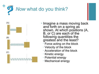+
+
    Now what do you think?

              •   Imagine a mass moving back
                  and forth on a spring as
                  shown. At which positions (A,
                  B, or C) are each of the
                  following quantities the
                  greatest and the least?
                  •   Force acting on the block
                  •   Velocity of the block
                  •   Acceleration of the block
                  •   Kinetic energy
                  •   Potential energy
                  •   Mechanical energy
 