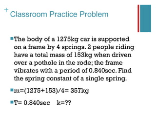 +
    Classroom Practice Problem


     The body of a 1275kg car is supported
     on a frame by 4 springs. 2 people riding
     have a total mass of 153kg when driven
     over a pothole in the rode; the frame
     vibrates with a period of 0.840sec. Find
     the spring constant of a single spring.
     m=(1275+153)/4=    357kg
     T=   0.840sec   k=??
 