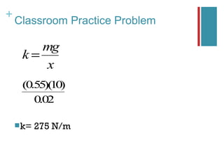 +
    Classroom Practice Problem

        mg
     k=
         x
     (0.55)( )
            10
        0.02

     k=   275 N/m
 