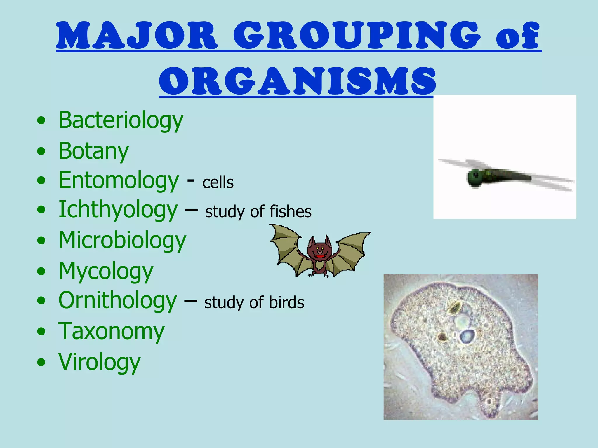 MAJOR GROUPING of
       ORGANISMS
•   Bacteriology
•   Botany
•   Entomology - cells
•   Ichthyology – study of fishes
•   Microbiology
•   Mycology
•   Ornithology – study of birds
•   Taxonomy
•   Virology
 