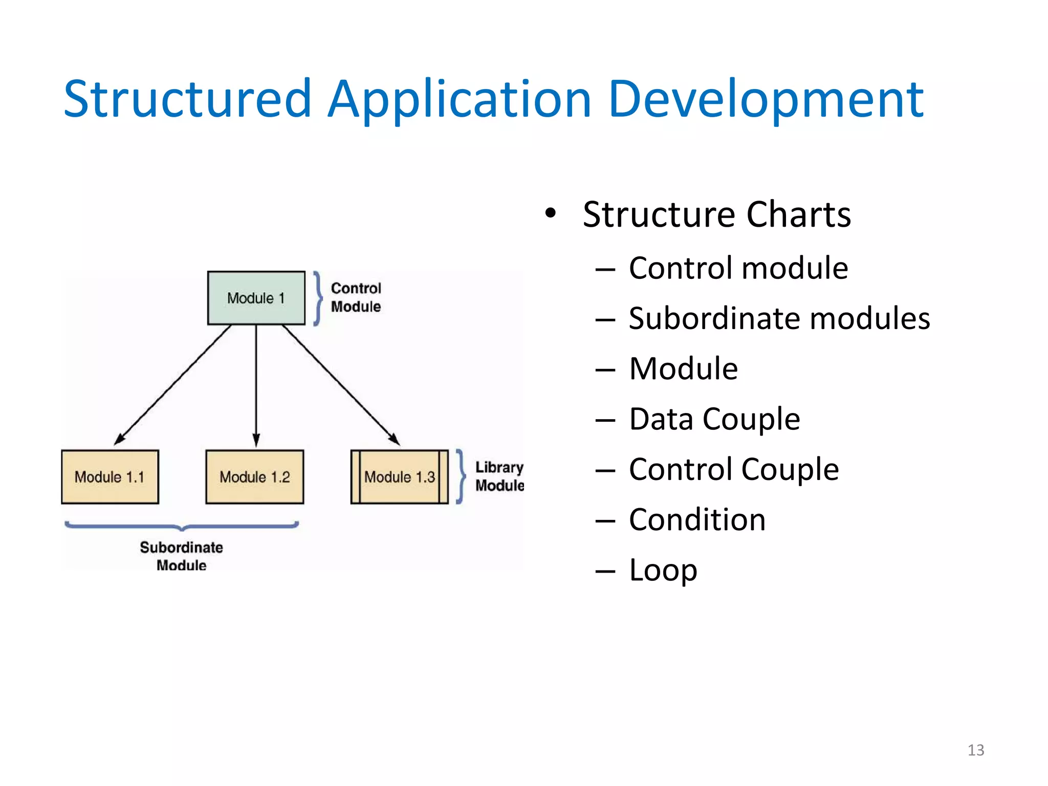 Structured Application Development
• Structure Charts
– Control module
– Subordinate modules
– Module
– Data Couple
– Control Couple
– Condition
– Loop
13
 