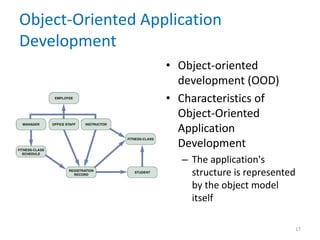 Object-Oriented Application
Development
• Object-oriented
development (OOD)
• Characteristics of
Object-Oriented
Application
Development
– The application's
structure is represented
by the object model
itself
17
 