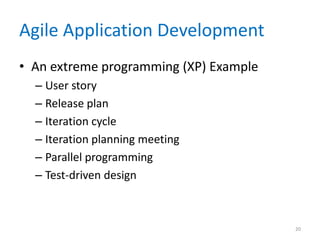 Agile Application Development
• An extreme programming (XP) Example
– User story
– Release plan
– Iteration cycle
– Iteration planning meeting
– Parallel programming
– Test-driven design
20
 