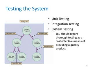 Testing the System
• Unit Testing
• Integration Testing
• System Testing
– You should regard
thorough testing as a
cost-effective means of
providing a quality
product
23
 