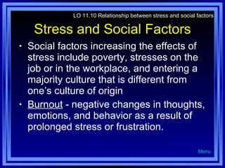 Stress and Social Factors Social factors increasing the effects of stress include poverty, stresses on the job or in the workplace, and entering a majority culture that is different from one’s culture of origin Burnout  - negative changes in thoughts, emotions, and behavior as a result of prolonged stress or frustration. LO 11.10 Relationship between stress and social factors Menu 