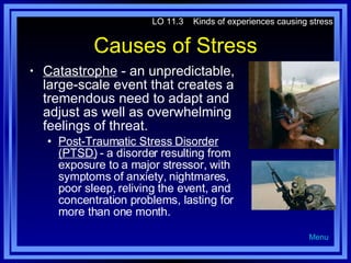 Causes of Stress Catastrophe  - an unpredictable, large-scale event that creates a tremendous need to adapt and adjust as well as overwhelming feelings of threat. Post-Traumatic Stress Disorder (PTSD)  - a disorder resulting from exposure to a major stressor, with symptoms of anxiety, nightmares, poor sleep, reliving the event, and concentration problems, lasting for more than one month. LO 11.3  Kinds of experiences causing stress Menu 