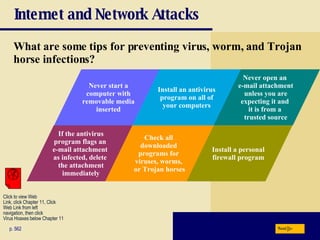 Internet and Network Attacks What are some tips for preventing virus, worm, and Trojan horse infections? p. 562 Install a personal firewall program If the antivirus program flags an  e-mail attachment  as infected, delete  the attachment immediately Never start a computer with removable media inserted Never open an  e-mail attachment unless you are expecting it and  it is from a  trusted source Install an antivirus program on all of your computers Check all  downloaded  programs for  viruses, worms,  or Trojan horses Next Click to view Web  Link, click Chapter 11, Click  Web Link from left  navigation, then click  Virus Hoaxes below Chapter 11 