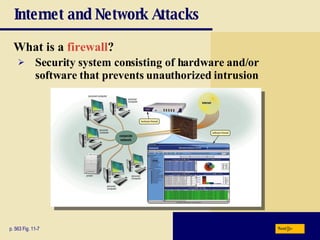 Internet and Network Attacks What is a  firewall ? p. 563 Fig. 11-7 Security system consisting of hardware and/or software that prevents unauthorized intrusion Next 