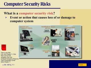 Computer Security Risks What is a  computer security risk ? p. 556 - 558 Fig. 11-1 Event or action that causes loss of or damage to computer system Next Click to view Web  Link, click Chapter 11, Click  Web Link from left  navigation, then click  Computer Emergency Response Team Coordination Center below Chapter 11 