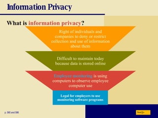 Information Privacy What is   information privacy ? p. 580 and 586 Legal for employers to use monitoring software programs Difficult to maintain today because data is stored online Employee monitoring  is using computers to observe employee computer use Right of individuals and companies to deny or restrict collection and use of information about them Next 