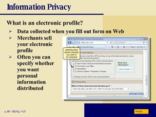 Information Privacy What is an electronic profile? p. 581 - 582 Fig. 11-27 Data collected when you fill out form on Web Merchants sell  your electronic  profile Often you can  specify whether  you want  personal  information  distributed Next 