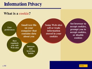 Information Privacy What is a  cookie ? p. 582 Set browser to accept cookies, prompt you to accept cookies, or disable cookies Some Web sites sell or trade information stored in your cookies Small text file on your computer that contains data about you User preferences Interests and browsing habits How regularly you visit Web sites Next 