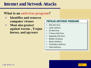 Internet and Network Attacks What is an  antivirus program ? p. 560 - 561 Fig. 11-4 Identifies and removes computer viruses Most also protect against worms , Trojan horses, and spyware Next 