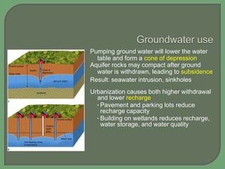 Pumping ground water will lower the water
table and form a cone of depression
Aquifer rocks may compact after ground
water is withdrawn, leading to subsidence
Result: seawater intrusion, sinkholes
Urbanization causes both higher withdrawal
and lower recharge
• Pavement and parking lots reduce
recharge capacity
• Building on wetlands reduces recharge,
water storage, and water quality

 