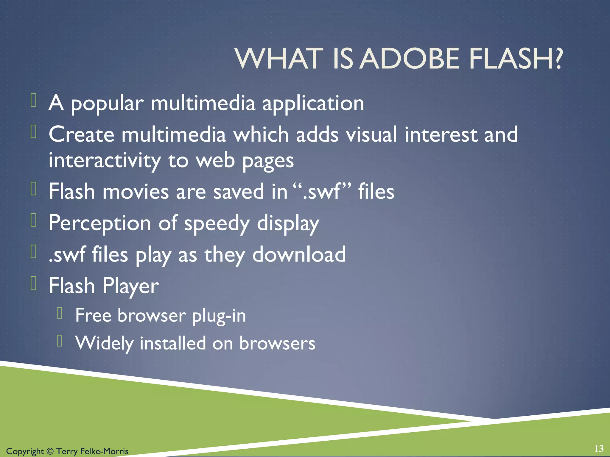 Copyright © Terry Felke-Morris
WHAT IS ADOBE FLASH?
 A popular multimedia application
 Create multimedia which adds visual interest and
interactivity to web pages
 Flash movies are saved in “.swf” files
 Perception of speedy display
 .swf files play as they download
 Flash Player
 Free browser plug-in
 Widely installed on browsers
13
 