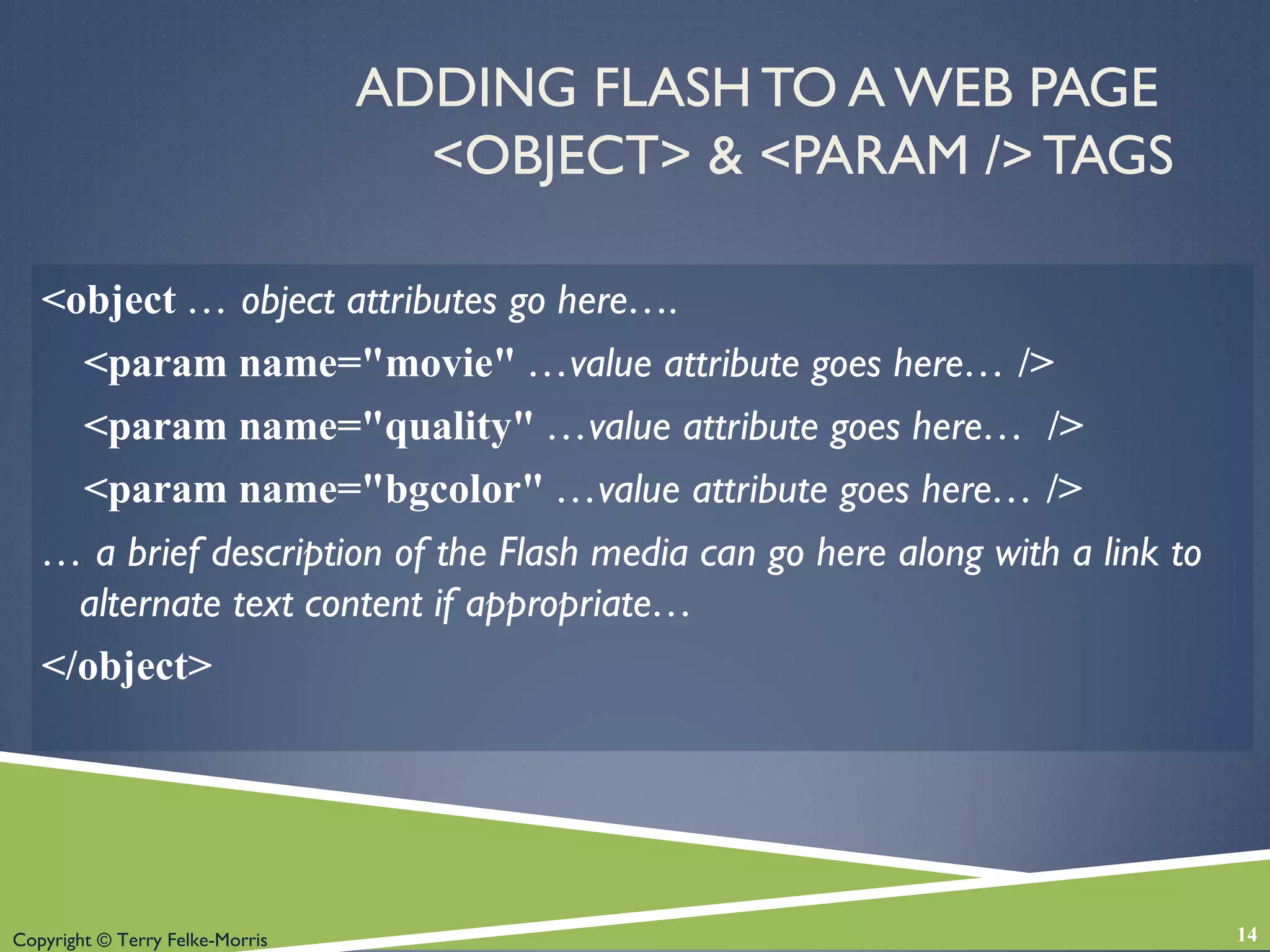 Copyright © Terry Felke-Morris
ADDING FLASH TO A WEB PAGE
<OBJECT> & <PARAM /> TAGS
<object … object attributes go here….
<param name="movie" …value attribute goes here… />
<param name="quality" …value attribute goes here… />
<param name="bgcolor" …value attribute goes here… />
… a brief description of the Flash media can go here along with a link to
alternate text content if appropriate…
</object>
14
 