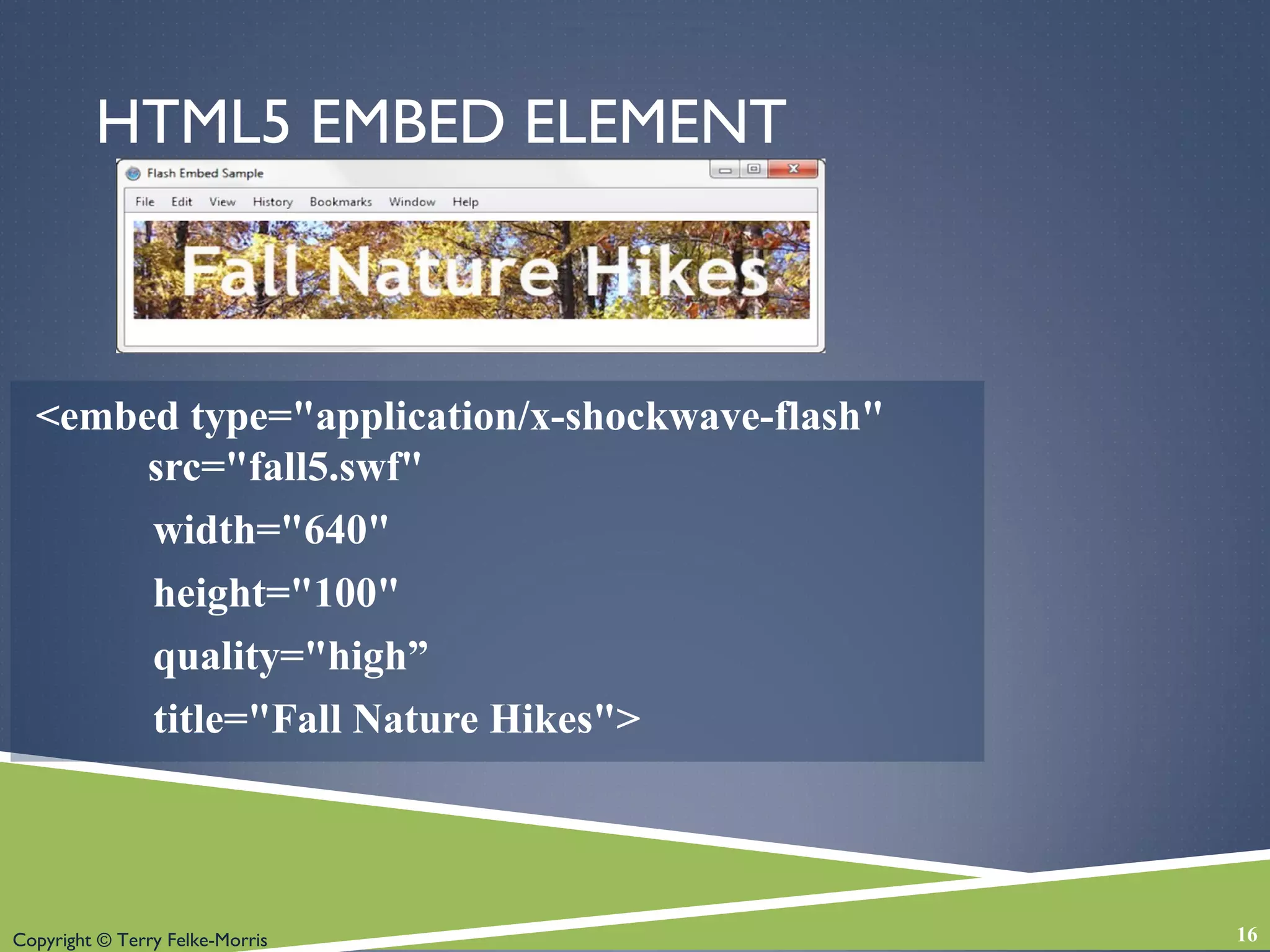 Copyright © Terry Felke-Morris
HTML5 EMBED ELEMENT
<embed type="application/x-shockwave-flash"
src="fall5.swf"
width="640"
height="100"
quality="high”
title="Fall Nature Hikes">
16
 