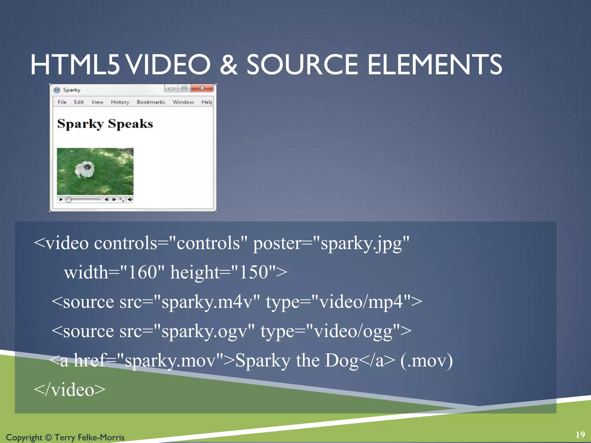 Copyright © Terry Felke-Morris
HTML5VIDEO & SOURCE ELEMENTS
<video controls="controls" poster="sparky.jpg"
width="160" height="150">
<source src="sparky.m4v" type="video/mp4">
<source src="sparky.ogv" type="video/ogg">
<a href="sparky.mov">Sparky the Dog</a> (.mov)
</video>
19
 
