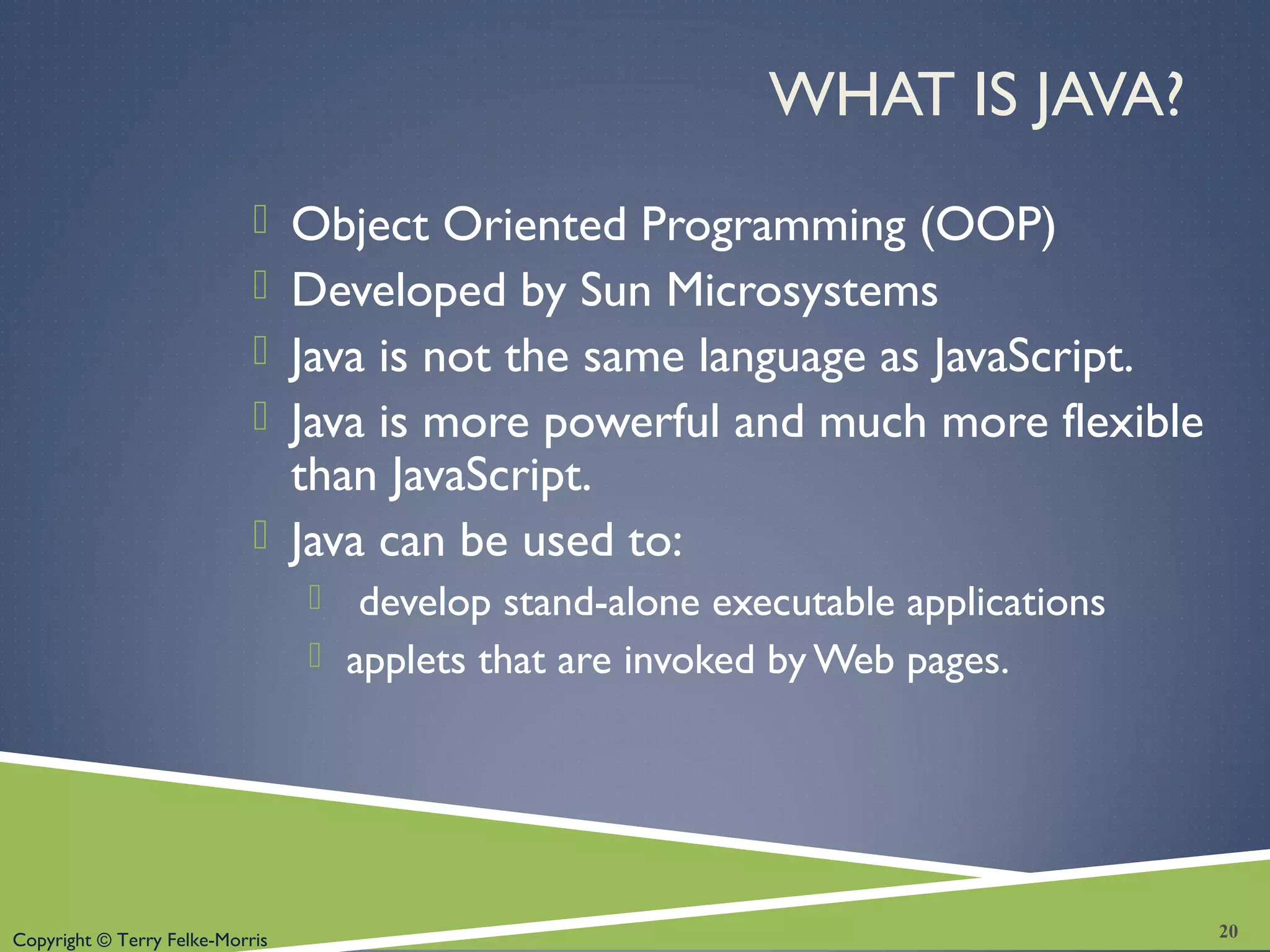 Copyright © Terry Felke-Morris
WHAT IS JAVA?
 Object Oriented Programming (OOP)
 Developed by Sun Microsystems
 Java is not the same language as JavaScript.
 Java is more powerful and much more flexible
than JavaScript.
 Java can be used to:
 develop stand-alone executable applications
 applets that are invoked by Web pages.
20
 